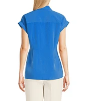 KARL LAGERFELD PARIS Silky Crepe Spread Collar Cap Sleeve Side Tie Asymmetric Hem Blouse