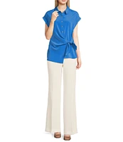 KARL LAGERFELD PARIS Silky Crepe Spread Collar Cap Sleeve Side Tie Asymmetric Hem Blouse