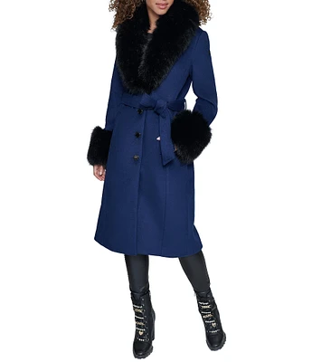 KARL LAGERFELD PARIS Single Breasted Removable Faux Fur Trim Walker Coat