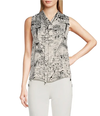 KARL LAGERFELD PARIS Sleeveless Tie Neck Printed Button Front Blouse