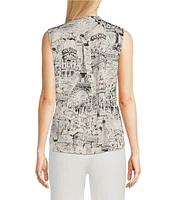 KARL LAGERFELD PARIS Sleeveless Tie Neck Printed Button Front Blouse