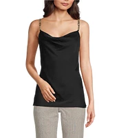 KARL LAGERFELD PARIS Solid Cowl Neck Sleeveless Hardware Strap Detail Tank