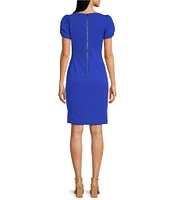 KARL LAGERFELD PARIS Solid Scuba Crepe Round Neck Puff Sleeve Sheath Dress