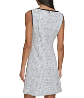 KARL LAGERFELD PARIS Speckled Jacquard Split V Neck Sleeveless Contrast Trim Bow Shift Mini Dress