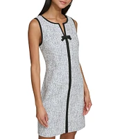 KARL LAGERFELD PARIS Speckled Jacquard Split V Neck Sleeveless Contrast Trim Bow Shift Mini Dress