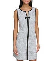 KARL LAGERFELD PARIS Speckled Jacquard Split V Neck Sleeveless Contrast Trim Bow Shift Mini Dress
