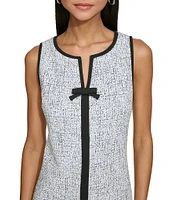 KARL LAGERFELD PARIS Speckled Jacquard Split V Neck Sleeveless Contrast Trim Bow Shift Mini Dress