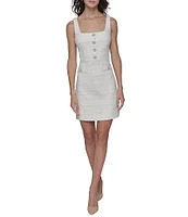 KARL LAGERFELD PARIS Square Neck Pearl Button Trim Tweed Sheath Dress