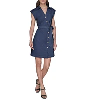 KARL LAGERFELD PARIS Stretch Denim Johnny Collar Cap Sleeve Belted Button Front Shirt Dress