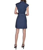 KARL LAGERFELD PARIS Stretch Denim Johnny Collar Cap Sleeve Belted Button Front Shirt Dress