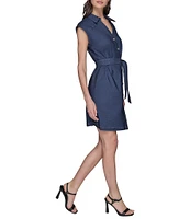 KARL LAGERFELD PARIS Stretch Denim Johnny Collar Cap Sleeve Belted Button Front Shirt Dress