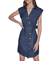 KARL LAGERFELD PARIS Stretch Denim Johnny Collar Cap Sleeve Belted Button Front Shirt Dress