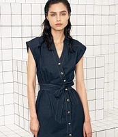 KARL LAGERFELD PARIS Stretch Denim Johnny Collar Cap Sleeve Belted Button Front Shirt Dress