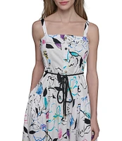 KARL LAGERFELD PARIS Stretch Sateen Multi Print Square Neck Sleeveless Rope Belt Button Front Sheath Maxi Dress