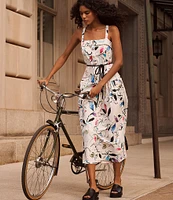 KARL LAGERFELD PARIS Stretch Sateen Multi Print Square Neck Sleeveless Rope Belt Button Front Sheath Maxi Dress