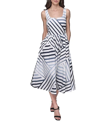 KARL LAGERFELD PARIS Stretch Sateen Stripe Print Scoop Neck Sleeveless Sheath Midi Dress