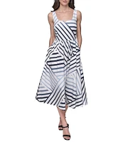 KARL LAGERFELD PARIS Stretch Sateen Stripe Print Scoop Neck Sleeveless Sheath Midi Dress