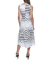 KARL LAGERFELD PARIS Stretch Sateen Stripe Print Scoop Neck Sleeveless Sheath Midi Dress