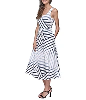 KARL LAGERFELD PARIS Stretch Sateen Stripe Print Scoop Neck Sleeveless Sheath Midi Dress