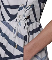 KARL LAGERFELD PARIS Stretch Sateen Stripe Print Scoop Neck Sleeveless Sheath Midi Dress