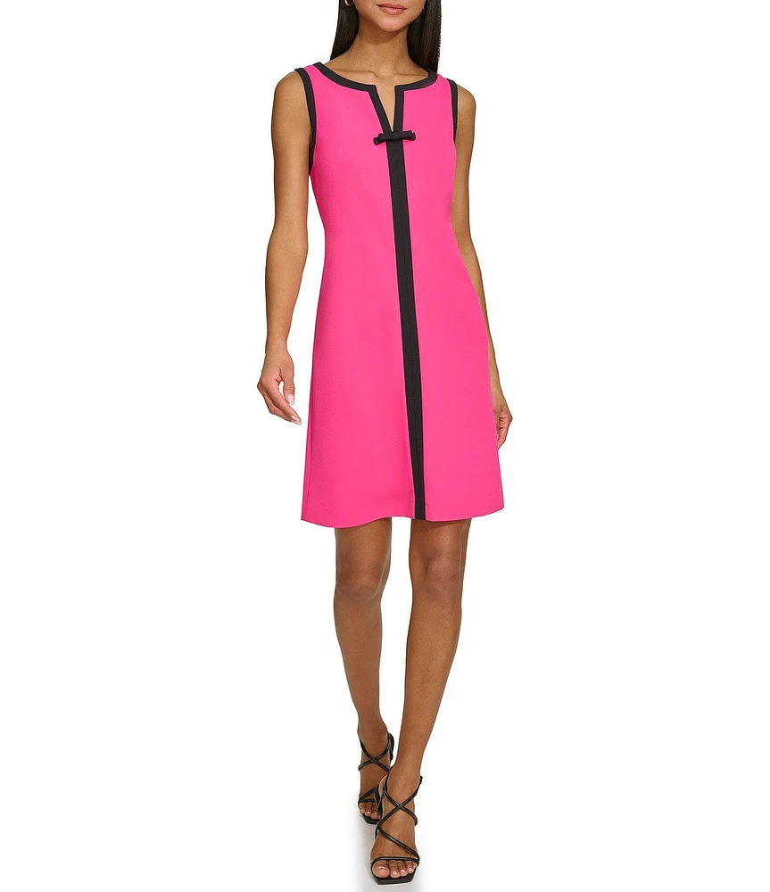 KARL LAGERFELD PARIS Stretch Scuba Crepe Contrast Trim V-Neck Sleeveless Sheath Dress
