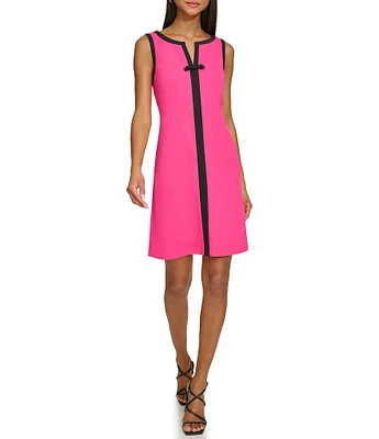 KARL LAGERFELD PARIS Stretch Scuba Crepe Contrast Trim V-Neck Sleeveless Sheath Dress