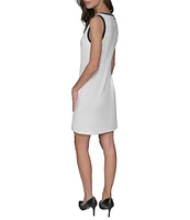 KARL LAGERFELD PARIS Stretch Scuba Crepe Contrast Trim V-Neck Sleeveless Sheath Dress