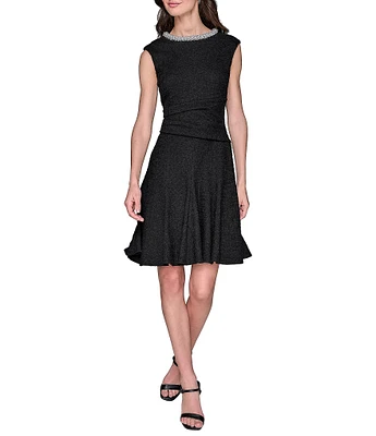 KARL LAGERFELD PARIS Stretch Texture Tweed Crew Neck Cap Sleeves Embellished Fit & Flare Midi Dress
