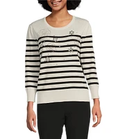 KARL LAGERFELD PARIS Stripe Floral Embellished Crew Neck 3/4 Sleeve Sweater