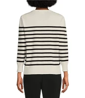 KARL LAGERFELD PARIS Stripe Floral Embellished Crew Neck 3/4 Sleeve Sweater
