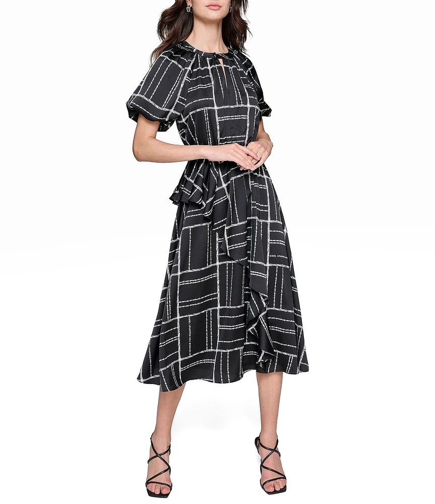 KARL LAGERFELD PARIS Stripe Printed Satin Round Keyhole Neck Short Sleeve Ruffle Waist Midi Dress