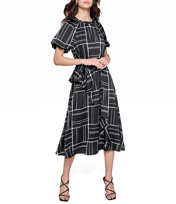 KARL LAGERFELD PARIS Stripe Printed Satin Round Keyhole Neck Short Sleeve Ruffle Waist Midi Dress