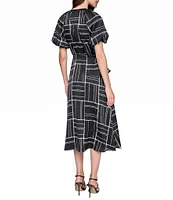 KARL LAGERFELD PARIS Stripe Printed Satin Round Keyhole Neck Short Sleeve Ruffle Waist Midi Dress