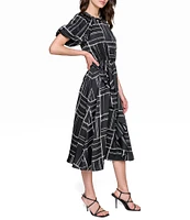 KARL LAGERFELD PARIS Stripe Printed Satin Round Keyhole Neck Short Sleeve Ruffle Waist Midi Dress