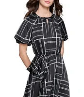 KARL LAGERFELD PARIS Stripe Printed Satin Round Keyhole Neck Short Sleeve Ruffle Waist Midi Dress