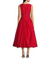 KARL LAGERFELD PARIS Taffeta Round Neck Sleeveless Drop Waist Belted Dress