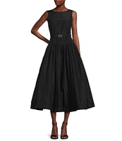 KARL LAGERFELD PARIS Taffeta Round Neck Sleeveless Drop Waist Belted Dress