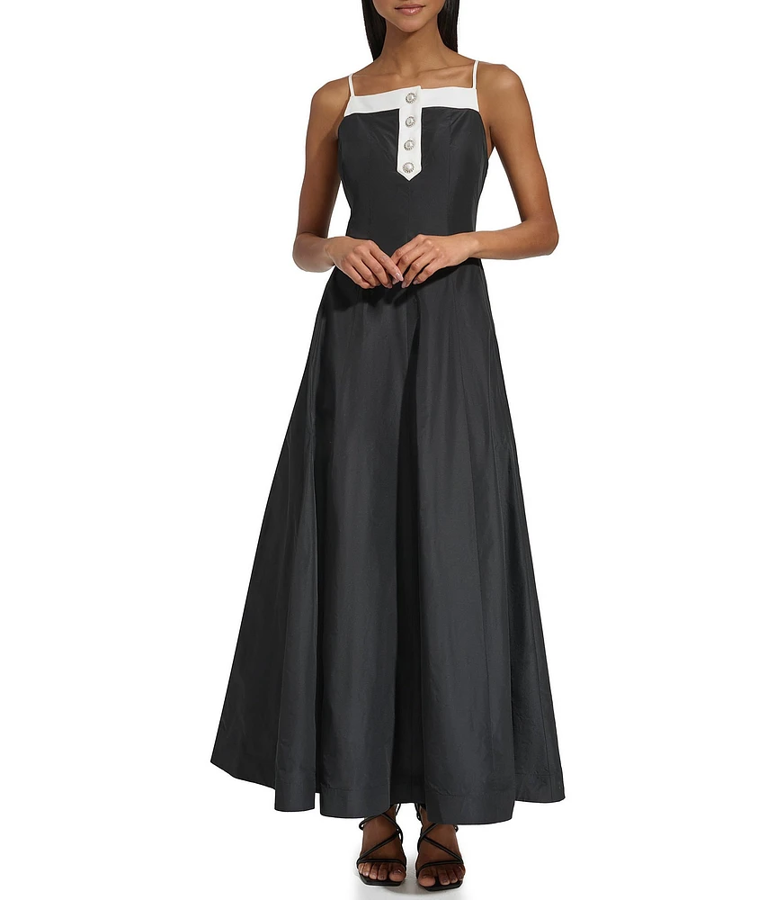 KARL LAGERFELD PARIS Taffeta Square Neck Sleeveless Pearl Button Gown