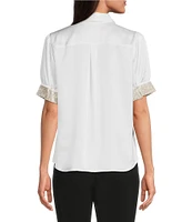 KARL LAGERFELD PARIS Tech Satin Point Collar Short Trim Sleeve Embellished Button-Front Blouse