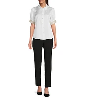KARL LAGERFELD PARIS Tech Satin Point Collar Short Trim Sleeve Embellished Button-Front Blouse