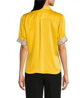 KARL LAGERFELD PARIS Tech Satin Point Collar Short Trim Sleeve Embellished Button-Front Blouse