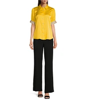 KARL LAGERFELD PARIS Tech Satin Point Collar Short Trim Sleeve Embellished Button-Front Blouse