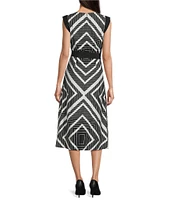 KARL LAGERFELD PARIS Textured Abstract Print V-Neck Sleeveless Belted Midi A-Line Dress