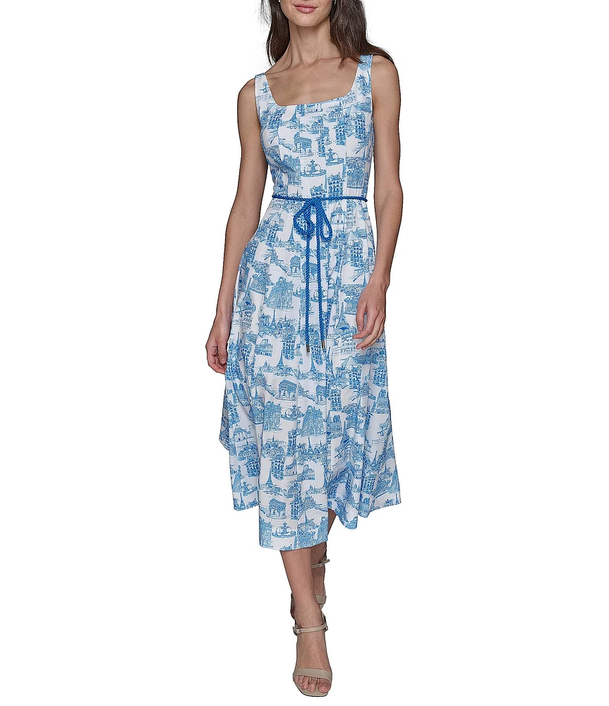 KARL LAGERFELD PARIS Toile Print Square Neck Sleeveless Waist Tie Belt A-Line Midi Dress