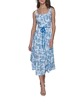 KARL LAGERFELD PARIS Toile Print Square Neck Sleeveless Waist Tie Belt A-Line Midi Dress