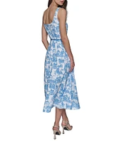 KARL LAGERFELD PARIS Toile Print Square Neck Sleeveless Waist Tie Belt A-Line Midi Dress