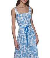 KARL LAGERFELD PARIS Toile Print Square Neck Sleeveless Waist Tie Belt A-Line Midi Dress