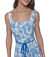 KARL LAGERFELD PARIS Toile Print Square Neck Sleeveless Waist Tie Belt A-Line Midi Dress