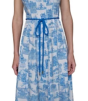 KARL LAGERFELD PARIS Toile Print Square Neck Sleeveless Waist Tie Belt A-Line Midi Dress