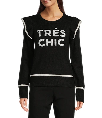 KARL LAGERFELD PARIS #double;Tres Chic#double; Crew Neck Ruffle Long Sleeve Sweater Top